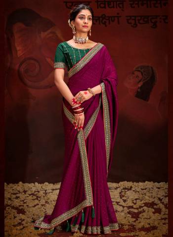 Garb These Party Wear Saree in Fine Colored.These Saree Are Vichitra Silk And Blouse is Fabricated On Raw Silk.Its Beautified With Designer Embroidery Work Blouse And Lace Border With Swarovski Work.