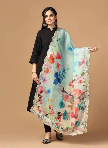 Grab These Beautiful Aqua Colored Dupatta.This Dupatta is Fabricated On Beautiful Organza Fabric . It Is Beautified With Beautiful Digital Prints And Ethnic Mirror Work.