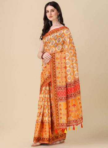 Beautiful Designer Digital Ethnic Motif Print Linen Fabric Partywear Saree. Saree Is Designed With Crochet Lining Work In Body And Beautiful Multi Coloured Tussule Work At Pallu Side. Grab This Festive Wear Saree.