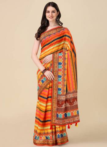 Beautiful Designer Digital Ethnic Motif Print Linen Fabric Partywear Saree. Saree Is Designed With Crochet Lining Work In Body And Beautiful Multi Coloured Tussule Work At Pallu Side. Grab This Festive Wear Saree.