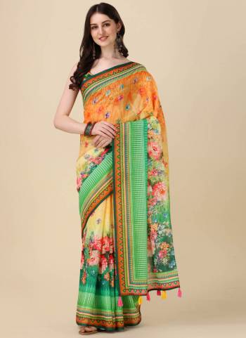 Beautiful Designer Digital Ethnic Motif Print Linen Fabric Partywear Saree. Saree Is Designed With Crochet Lining Work In Body And Beautiful Multi Coloured Tussule Work At Pallu Side. Grab This Festive Wear Saree.