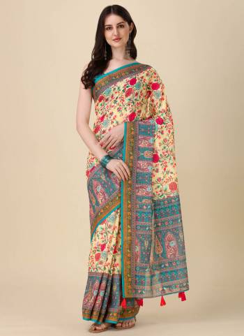 Beautiful Designer Digital Ethnic Motif Print Linen Fabric Partywear Saree. Saree Is Designed With Crochet Lining Work In Body And Beautiful Multi Coloured Tussule Work At Pallu Side. Grab This Festive Wear Saree.