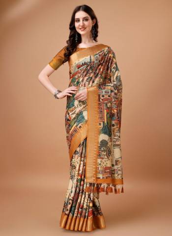 Beautiful Designer Digital Ethnic Print Tussar Silk Fabric Partywear Saree. Saree Is Designed With Zari Patta Work On Bordar And Beautiful Zalar Work At Pallu Side. Grab This Girlie Partywear Wear Saree.