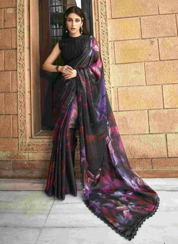 Beautifully Crafted Smart Handwork with Tie dye print Saree For The Real Fashion Seekers. This Saree Is Fabricated On Satin Silk Fabric With Festive Black & Purple Color For Glamorous Looks.