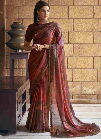 Beautifully Crafted Smart Hand work with Floral print Saree For The Real Fashion Seekers. This Saree Is Fabricated On Satin Silk Fabric With Festive Brown Color For Glamorous Looks.