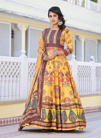 For A Designer Look,Grab These Readymade Gown With Dupatta in Fine Colored.These Gown Are Fabricated On Dola Silk Pair With Chinon Dupatta.Its Beautified With Designer Digital Printed With Hand Work.