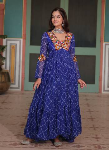 Attrective Looking These Beautiful Looking Readymade Long Gown.These Gown is Fabricated On Faux Georgette.Its Beautified With Designer Bandhani Printed With Kutchi Patch Work.