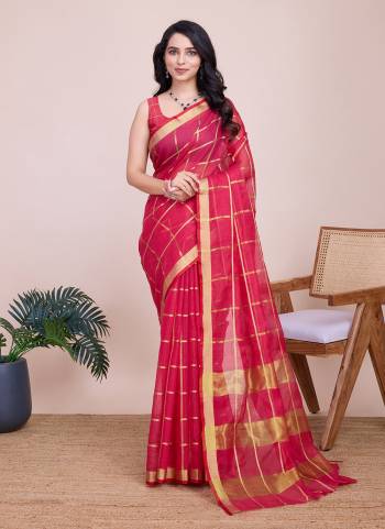 Garb This Partywear Saree Paired With Blouse.This Saree And Blouse Are Kota Doriya Based Fabric With Weaving Jari Designer. Buy This Pretty Saree Now.