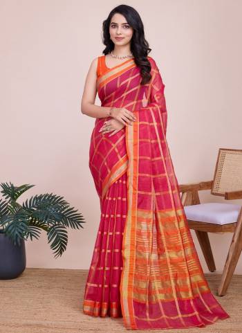 Attrective This Partywear Saree Paired With Blouse.This Saree And Blouse Are Kota Doriya Based Fabric With Weaving Jari Designer. Buy This Pretty Saree Now.