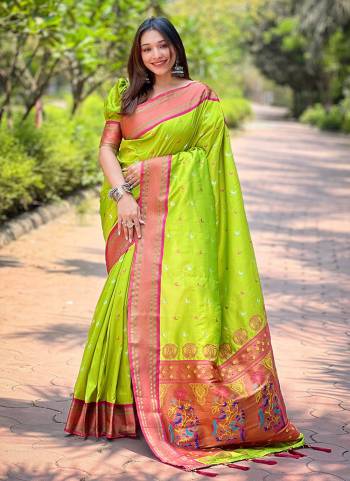 Attrective These Party Wear Saree in Fine Colored.These Saree And Blouse is Fabricated On Paithani Silk.Its Beautified With Weaving Jacquard Meenakari Designer.