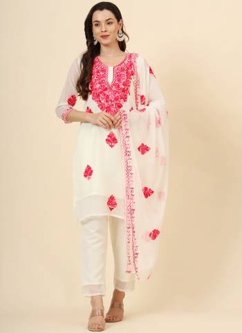 Garb These Beautiful Looking Readymade Suits.These Top And Dupatta Are Georgette And Dupatta Are Crepe Silk Fabricated.Its Beautified With Disigner Lucknowi Chikankari Embroidery Work.