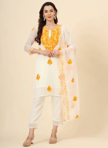 Garb These Beautiful Looking Readymade Suits.These Top And Dupatta Are Georgette And Dupatta Are Crepe Silk Fabricated.Its Beautified With Disigner Lucknowi Chikankari Embroidery Work.