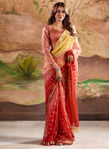 Looking These Party Wear Saree in Fine Colored.These Saree Are Georgette And Blouse is Fabricated On Handloom.Its Beautified With Weaving Jari Butti Designer With Printed Blouse.