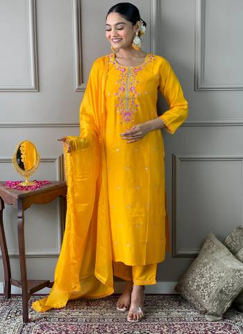 Attrective Looking These Beautiful Looking Readymade Suits.These Top And Bottom Are Viscose Chanderi And Dupatta Chinon Fabricated.Its Beautified With Designer Embroidery Work.