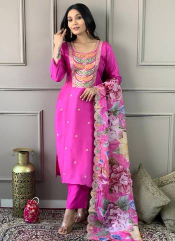 Attrective Looking These Beautiful Looking Readymade Suits.These Top And Bottom Are Viscose Chanderi And Dupatta Taby Fabricated.Its Beautified With Designer Embroidery Work.