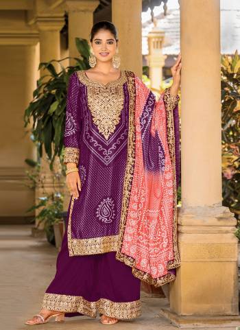 Attrective These Party Wear Plazzo Suit in Fine Colored Pair With Bottom And Dupatta.These Top Are Chinon And Dupatta Are Fabricated On Chinon Pair With Chinon Bottom.Its Beautified With Bandhani Printed With Designer Jari,Mirror Embroidery Work.