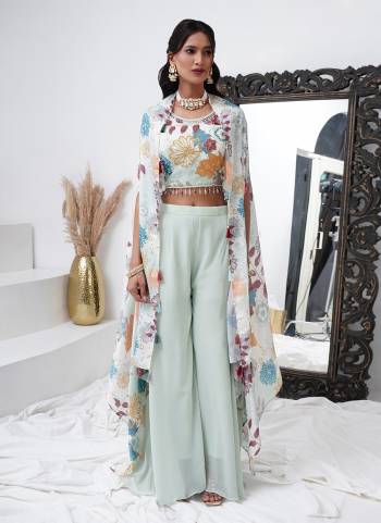 Attrective These Beautiful Looking Readymade Co Ord Top And Bottom With Shurg.These Top And Shrug Are Chinon And Bottom Are Georgette Fabricated.Its Beautified With Disigner Digital Printed With Hand Work.