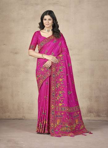  Looking These Party Wear Saree in Fine Colored.These Saree And Blouse is Fabricated On Pashmina Silk.Its Beautified With Weaving Thread, Jari Designer With Hand Work.