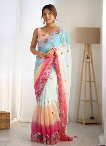 Attrective These Party Wear Saree in Fine Dual Shaded Colored.These Saree Are Georgette And Blouse is Georgette Fabricated.Its Beautified With Pedding Color Printed With Designer Multy Thread,Sequance Embroidery Work.