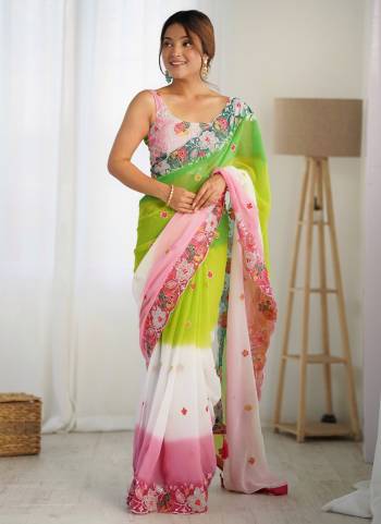 Attrective These Party Wear Saree in Fine Dual Shaded Colored.These Saree Are Georgette And Blouse is Georgette Fabricated.Its Beautified With Pedding Color Printed With Designer Multy Thread,Sequance Embroidery Work.