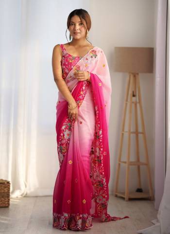 Attrective These Party Wear Saree in Fine Dual Shaded Colored.These Saree Are Georgette And Blouse is Georgette Fabricated.Its Beautified With Pedding Color Printed With Designer Multy Thread,Sequance Embroidery Work.