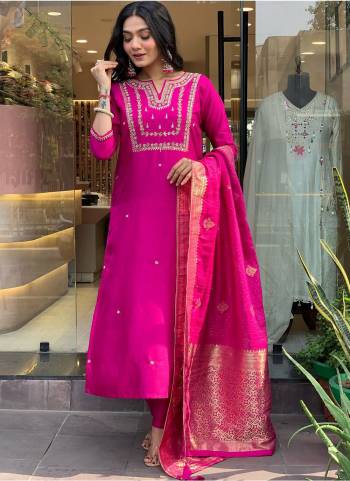 Attrective These Suit in Fine Colored Pair With Bottom And Dupatta.These Top And Bottom Are Fabricated On Viscose Chanderi Pair With Jacquard Silk Dupatta.Its Beautified With Designer Embroidery Work .