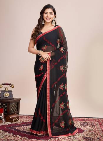 Attrective This Partywear Saree Paired With Blouse.This Saree And Blouse Are Georgette Based Fabric With Designer Thread Embroidery Work. Buy This Pretty Saree Now.