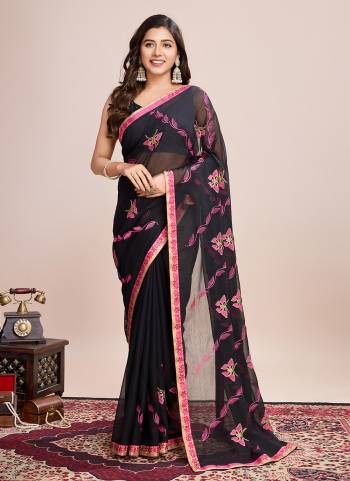 Attrective This Partywear Saree Paired With Blouse.This Saree And Blouse Are Georgette Based Fabric With Designer Thread Embroidery Work. Buy This Pretty Saree Now.