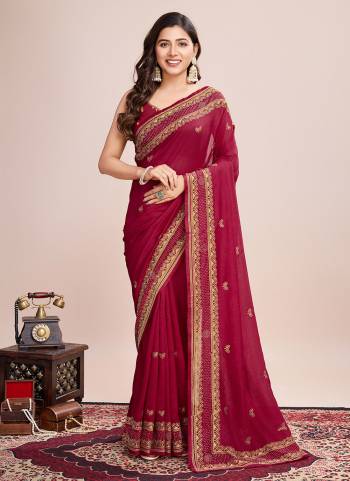 Garb This Partywear Saree Paired With Blouse.This Saree And Blouse Are Vichitra Silk Based Fabric With Designer Embroidery Work. Buy This Pretty Saree Now.