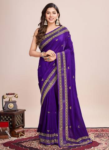 Garb This Partywear Saree Paired With Blouse.This Saree And Blouse Are Vichitra Silk Based Fabric With Designer Embroidery Work. Buy This Pretty Saree Now.