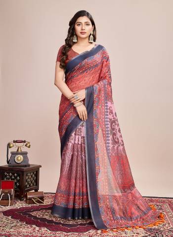 Attrective This Partywear Saree Paired With Blouse.This Saree And Blouse Are Linen Based Fabric With Weaving Jari Border With Designer Digital Printed. Buy This Pretty Saree Now.