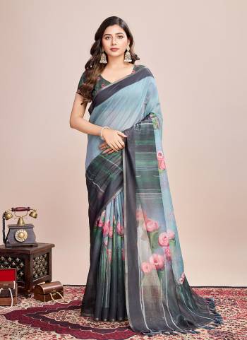 Attrective This Partywear Saree Paired With Blouse.This Saree And Blouse Are Linen Based Fabric With Weaving Jari Border With Designer Digital Printed. Buy This Pretty Saree Now.