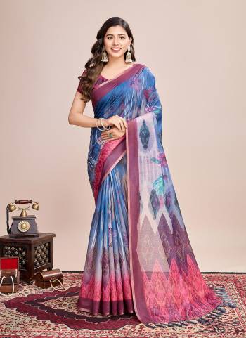 Attrective This Partywear Saree Paired With Blouse.This Saree And Blouse Are Linen Based Fabric With Weaving Jari Border With Designer Digital Printed. Buy This Pretty Saree Now.