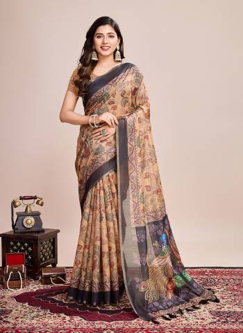 Attrective This Partywear Saree Paired With Blouse.This Saree And Blouse Are Linen Based Fabric With Weaving Jari Border With Designer Digital Printed. Buy This Pretty Saree Now.