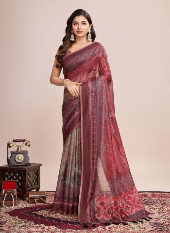 Attrective This Partywear Saree Paired With Blouse.This Saree And Blouse Are Linen Based Fabric With Weaving Jari Border With Designer Digital Printed. Buy This Pretty Saree Now.