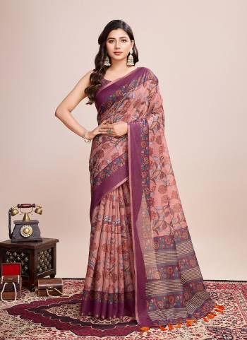 Attrective This Partywear Saree Paired With Blouse.This Saree And Blouse Are Linen Based Fabric With Weaving Jari Border With Designer Digital Printed. Buy This Pretty Saree Now.