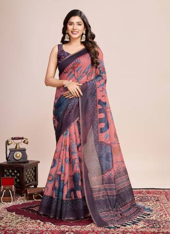 Attrective This Partywear Saree Paired With Blouse.This Saree And Blouse Are Linen Based Fabric With Weaving Jari Border With Designer Digital Printed. Buy This Pretty Saree Now.