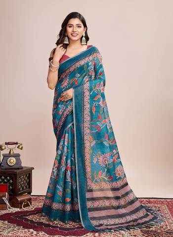 Attrective This Partywear Saree Paired With Blouse.This Saree And Blouse Are Linen Based Fabric With Weaving Jari Border With Designer Digital Printed. Buy This Pretty Saree Now.