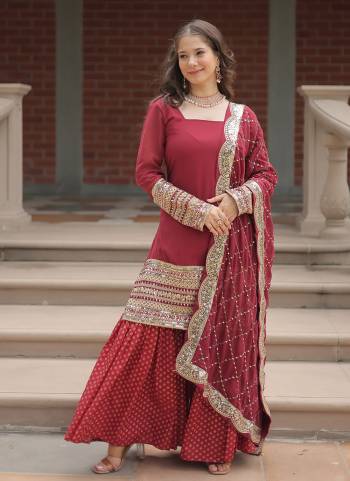 Attrective Looking These Beautiful Looking Readymade Sharara Suits.These Top And Dupatta is Fabricated On Faux Georgette And Dyble Viscose Jacquard Bottom.Its Beautified With Thread, Sequance Embroidery Work.