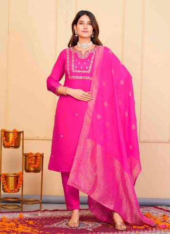 Attrective These Designer Suit in Fine Colored Pair With Bottom And Dupatta.These Top And Bottom Are Fabricated On Viscose Chanderi Pair With Jacquard Dupatta.Its Beautified With Designer Embroidery Work.