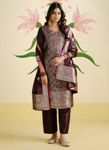 Grab These Salwar Suit in Fine Colored Pair With Bottom And Dupatta.These Top Are Satin Silk And Dupatta Are Fabricated On Satin Silk Pair With Satin Silk Bottom.Its Beautified With Wevon Jacquard Designer Work.