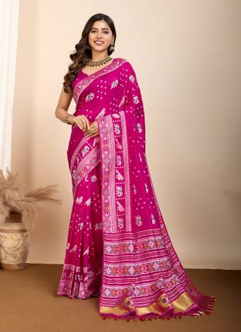Attrective This Partywear Saree Paired With Blouse.This Saree And Blouse Are Soft Silk Based Fabric With Wevon Meenakari Designer. Buy This Pretty Saree Now.