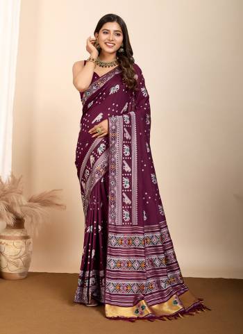 Attrective This Partywear Saree Paired With Blouse.This Saree And Blouse Are Soft Silk Based Fabric With Wevon Meenakari Designer. Buy This Pretty Saree Now.