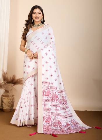Garb This Partywear Saree Paired With Blouse.This Saree And Blouse Are Cotton Based Fabric With Table Printed Designer With Hand Work. Buy This Pretty Saree Now.