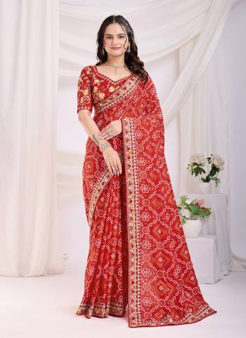 Garb These Fastival Saree in Fine Colored.These Saree Are Vichitra Silk And Blouse is Mono Banglori Silk Fabricated.Its Beautified With Designer Bandhani Printed, Embroidery Work Lace And Blouse.