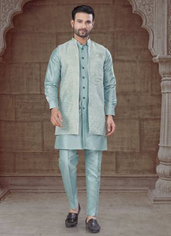 Looking These Party Wear Mans Wear Indo Western Kutra Payjama With Jacket wearing this fashionable. Tailored Kurta Pajama Are Silk And Jacket On Jacquard Fabriced With Wevon Designer Jacket and fashioned with a banded collar for a dash of style.