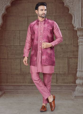 Looking These Party Wear Mans Wear Indo Western Kutra Payjama With Jacket wearing this fashionable. Tailored Kurta Pajama Are Silk And Jacket On Jacquard Fabriced With Wevon Designer Jacket and fashioned with a banded collar for a dash of style.