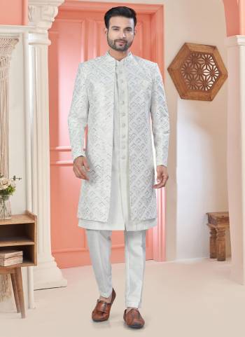 Looking These Party Wear Mans Wear Indo Western Top Bottom With Jacket wearing this fashionable. Tailored Top Bottom Are Art Silk And Jacket On Art Fabriced With Designer Heavy Thread,Sequance Embroidery Work Jacket and fashioned with a banded collar for a dash of style.