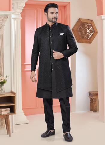 Looking These Party Wear Mans Wear Indo Western Top Bottom With Jacket wearing this fashionable. Tailored Top Bottom Are Art Silk And Jacket On Art Fabriced With Designer Heavy Thread,Sequance Embroidery Work Jacket and fashioned with a banded collar for a dash of style.