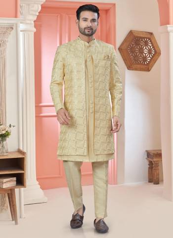 Looking These Party Wear Mans Wear Indo Western Top Bottom With Jacket wearing this fashionable. Tailored Top Bottom Are Art Silk And Jacket On Art Fabriced With Designer Heavy Thread,Sequance Embroidery Work Jacket and fashioned with a banded collar for a dash of style.